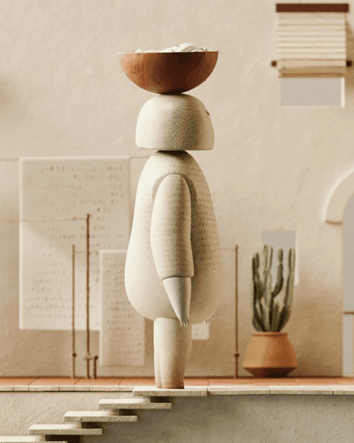 A character balancing a wooden bowl in a warm interior