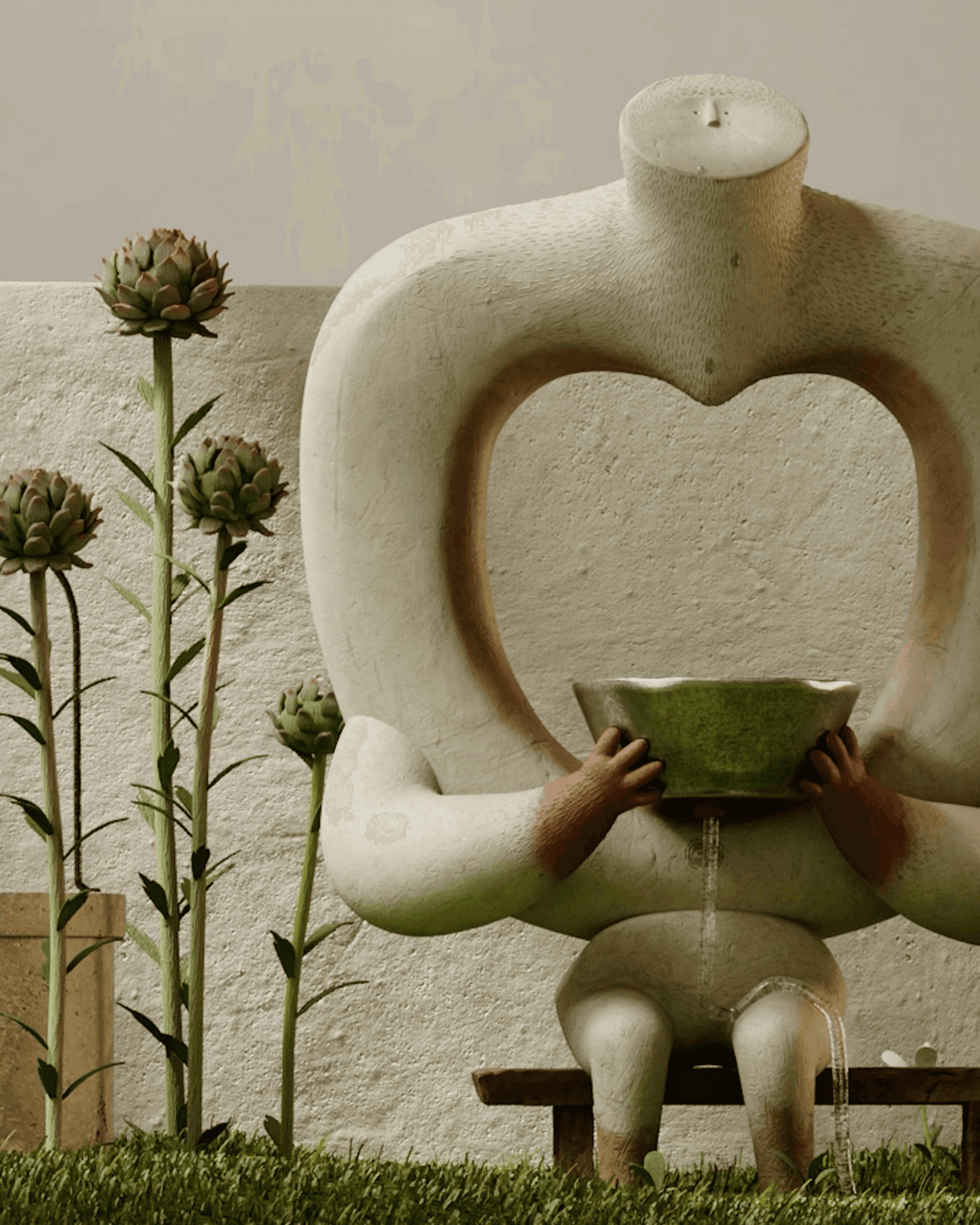 A character holding a green bowl among plants