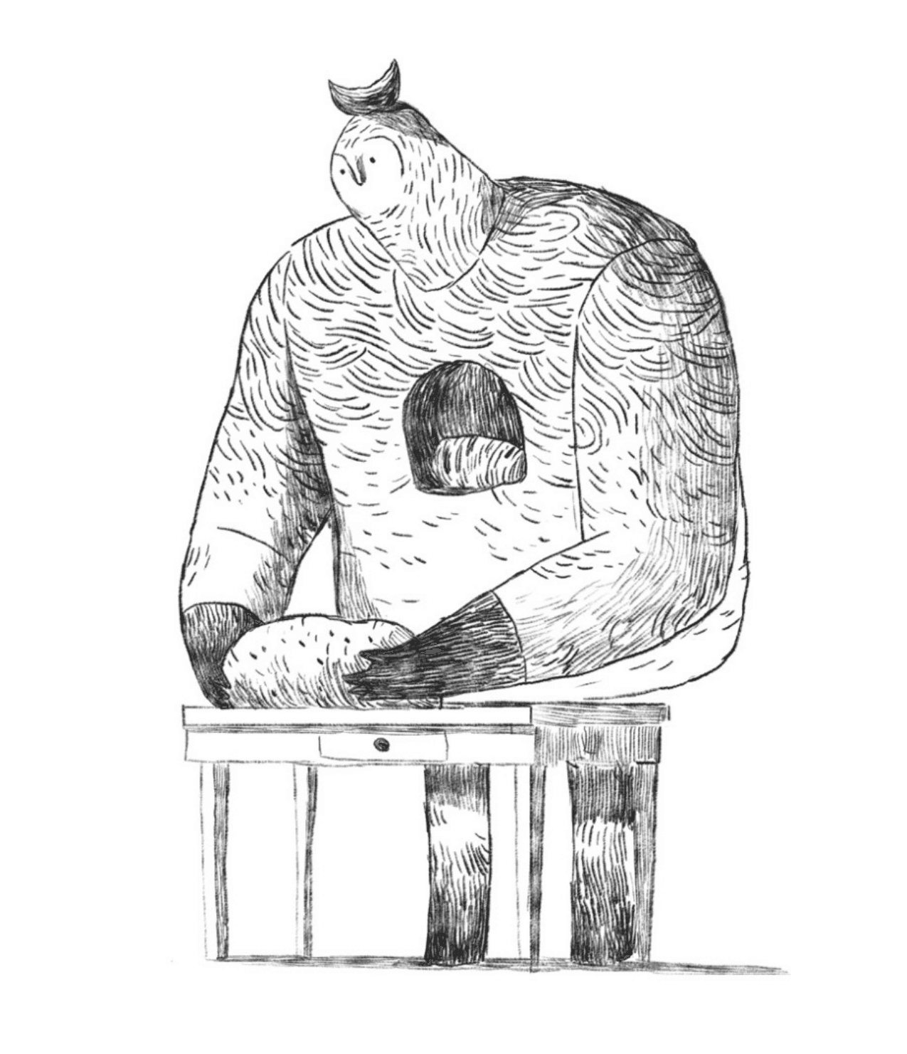 Illustrated figure working at a table