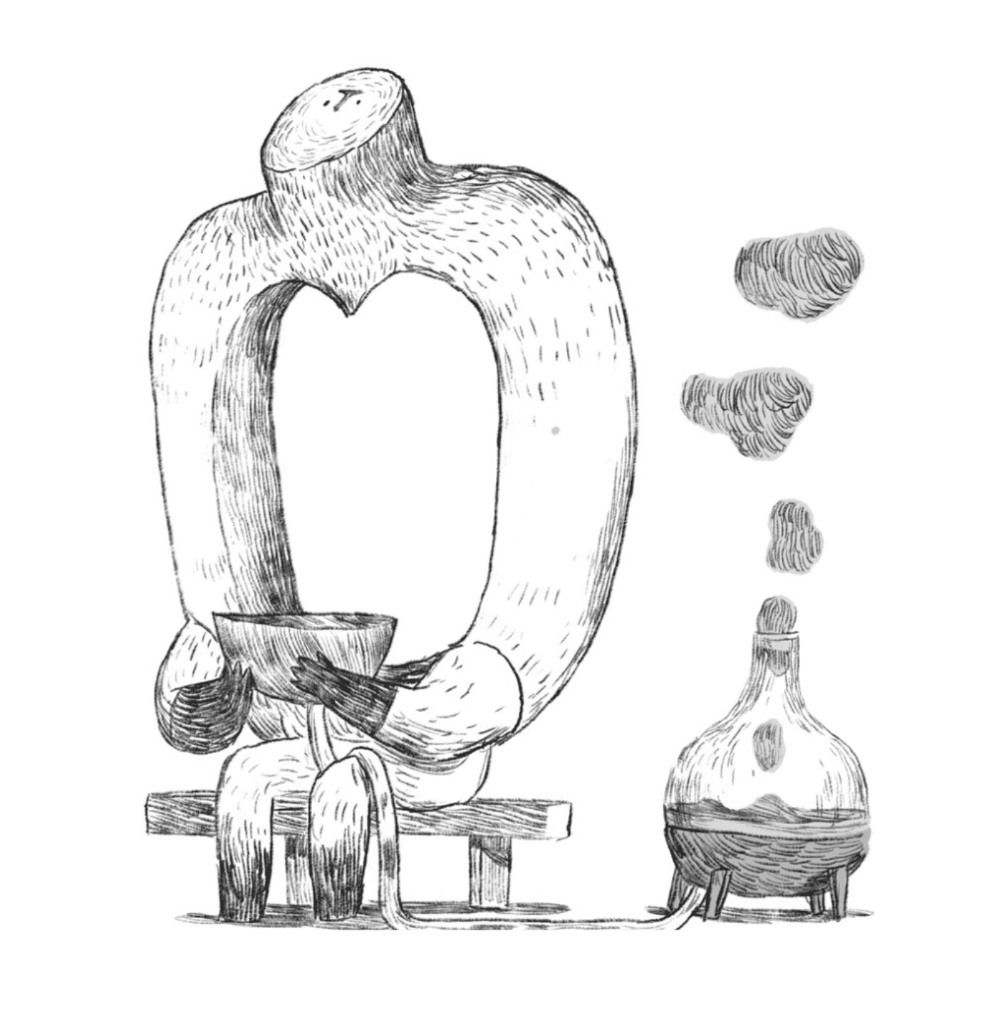 Illustrated figure holding a bowl beside a vessel